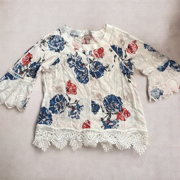 Chico's Embroidered Floral White Knit Lace Top Size 1 US - Picture 1 of 8